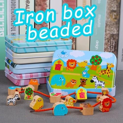 Beech Wood Blocks Cartoon Animals Fruit Block Wooden Toys Stringing Threading Beads Early Education Color & Shape Toy for Baby
