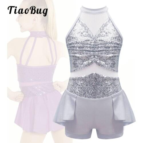 Kids Girls Shiny Sequins Ballet Leotards One Piece Unitard Halter Sleeveless Gymnastics Jazz Latin Dance Costumes