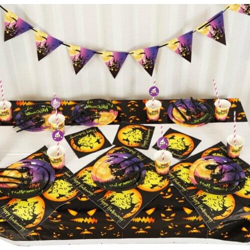 Halloween Home Tableware Decoration Sets Tablecloths Straws Paper Castle Plates Cups Dinnerware Party Kids Favor Supplies