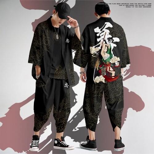 Men Kimono Cardigan Men Japanese Kimono Traditional Casual Loose Thin Set of Coat and Pants Asian Clothes Harakuju