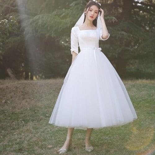 Short Ball Gown Wedding Dresses Half Sleeves Satin Tulle Elegant Simple Spring Summer Bride Dress Lace Up Back SWD049