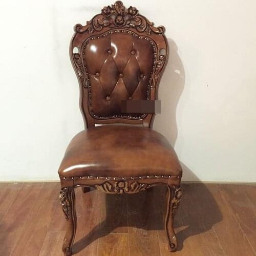 European-style Leather Dining Chair American Solid Wood Dining Table and Chair Combination Dark Retro First Layer Cowhide Chair