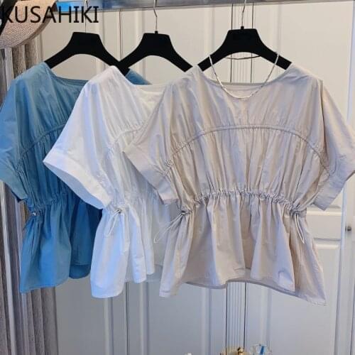KUSAHIKI Korean Shirring Slim Waist Ruffle Blouse Causal Short Sleeve O-neck Shirt 2021 Summer New Solid Blusas De Mujer 6H057