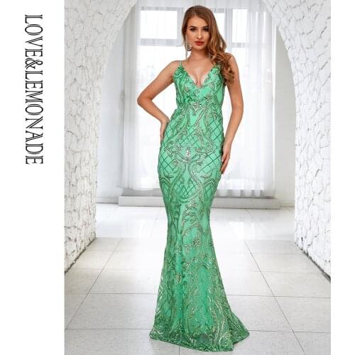 LOVE&LEMONADE Sexy Deep V-Neck Open Back Light Green Sequins Bodycon Bridesmaid Maxi Dress LM81225-2