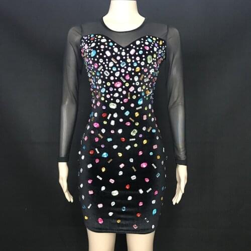 Multi-color Rhinestone Black Short Dress Birthday Celebrate Long Sleeve Prom Costume Women Dancer Bar Party Velvet Dress