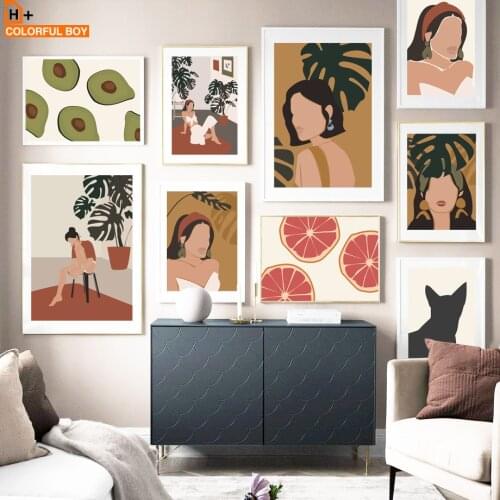 Monstera Cat Girl Orange Avocado Abstract Nordic Posters And Prints Wall Art Canvas Painting Wall Pictures For Living Room Decor
