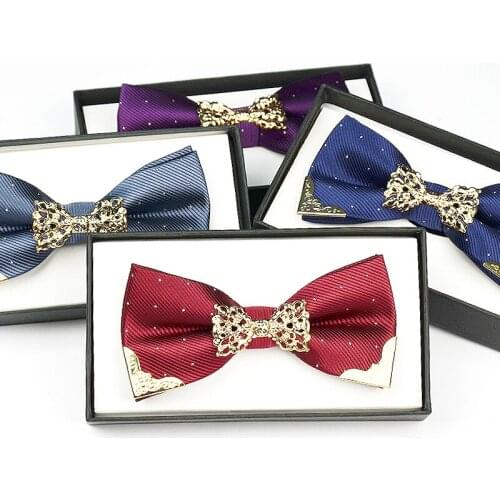High Quality 2019 New Fashion Bow Ties for Men Wedding Luxury Metal Bowtie Club Anniversary Gold Butterfly Bow Tie with Gift Box
