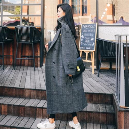 New Vintage Plaid Woolen Coat Womens mid-length Korean loose Overcoats 2020 Autumn Winter Loose Long Cocoon Wool Coats b558