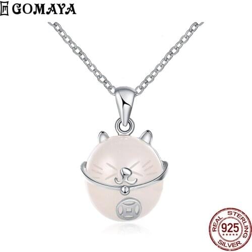 GOMAYA 925 Sterling Silver Lucky Cat Necklace Pendant Pink Animal Choker Necklaces For Women Birthdany Gift Fashion 925 Jewelry