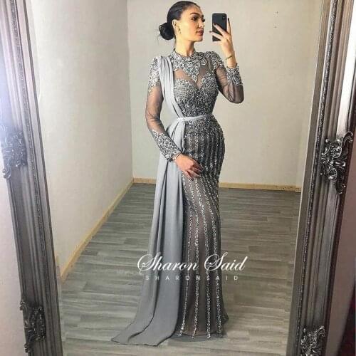 Luxury Mermaid Gray Muslim Evening Dress Long Sleeves High Neck Moroccan Kaftan Dubai Women Wedding Formal Party Night Dresses