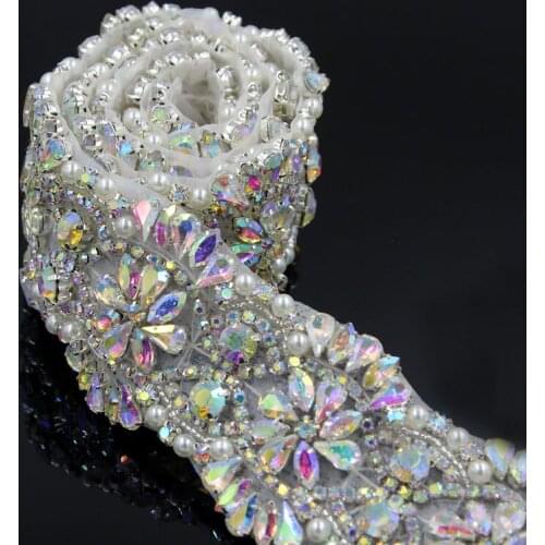 1 pc 91.4*5cm Silver AB Crystal Flower Bridal Sash Wedding Belt with Pearls Clothing Shoes Bags Decorries R2822F01