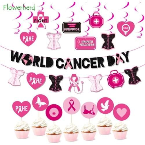 October Pink Ribbon Festival Decorations World Cancer Day Banners Party Decors Spiral Ornaments Door Hanging Cake Inserts