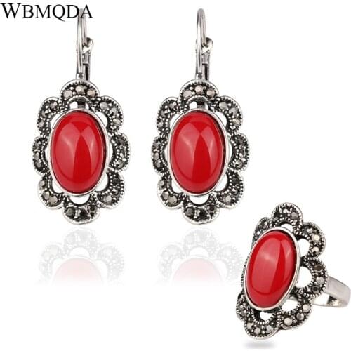 2 Pcs/lot Vintage Tibetan Jewelry Sets Silver Plated Red Stone Black Crystal Hollow Flower Earrings Ring For Women