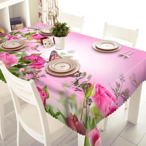 Waterproof Rectangular And Round Table Cloth 3d Rose Flower Butterfly Pattern Polyester Dustproof Tablecloth