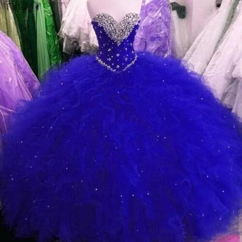 Royal Blue Sweet 16 Party Debutantes Gowns Puffy Tulle Crystals Sweetheart Neck Corset Back Plus Size Quinceanera Dresses