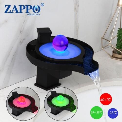 ZAPPO Matte Bathroon Basin Faucet Solid Brass LED Light Waterfall Spout Wash Sink Mixer Tap Hot & Cold Water Mixer Faucet