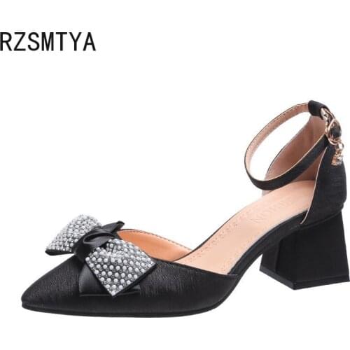 Womens Shoes New Fashion Casual Point Toe Buckle Strap Square Heel Med Female Sexy Party High Heels Bowtie Pumps