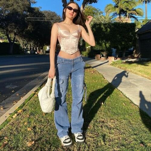 Women Long Length Retrot Pants Mid Waist String Aplice Belt Jeans Straight Tube Trousers Bottoms Streewear