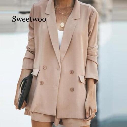 2020 women chic blazer coats double breasted long sleeve office wear coat solid female casual outerwear tops