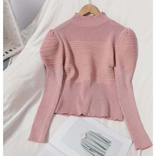 Women Sweater Solid Turtleneck 2020 Fall Winter Hollow Out Jumper Fashion Slim Sexy Puff Sleeve Knitted Pullovers 2021