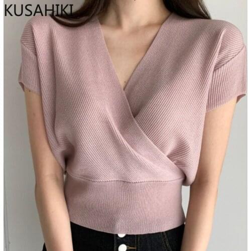 KUSAHIKI Elegant Slim Waist Women Knitted Tops Korean Short Sleeve V-neck Sweater 2021 New Causal Solid Pullover Jumpers 6K937