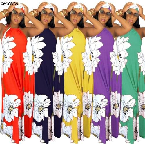 2019 new women floral print halter open back bohemian sexy beach loose floor length maxi dress with head scarf 5 color M901