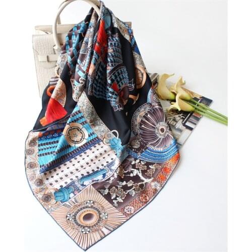 100% Pure Silk Scarf Women Saddle Print Square Scarves Wraps Head Handkerchief Wholesale Hijabs Silk Foulards Bandana 90x90CM