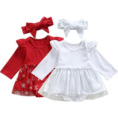 2Pcs Baby Christmas Outfit, Snowflake Mesh Splicing Long-Sleeve Romper + Hairband for Toddler Girls, 0-18 Months