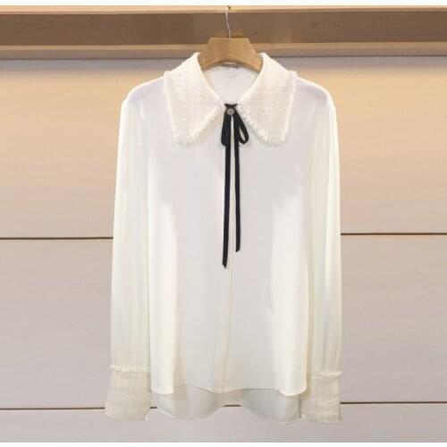 2020 winter new womens high end tweed collar sleeve stitching chiffon shirt top m16c0103