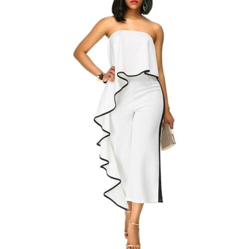 Strapless Ruffles Ladies Casual Jumpsuits Slash Neck Sleeveless Summer Office White Wide Leg Jumpsuit