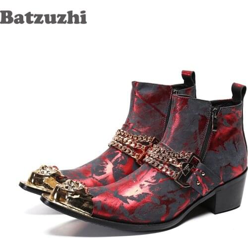 Batzuzhi Punk Mens Boots Golden Pointed Metal Tip Formal Leather Ankle Boots Men Wine Red Party and Wedding Motorcycle Boot Men