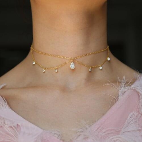 Elegant women summer charm choker chain double layer tassel cz charm 925 sterling silver 33+7 chocker charming necklace jewelry