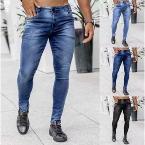Mid Waist Solid Color Jeans Men Casual Wild Style Fashion Washed Daily All Matching Slim Skinny Pencil Pants Trousers