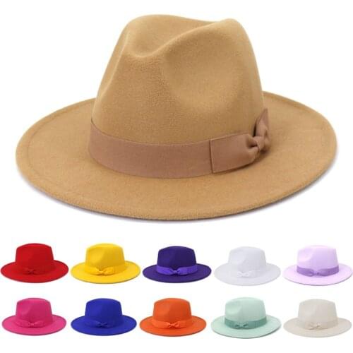 2021 NEW women winter fedora hats with Bow accessories fashion Flat wide Brim Wool Felt Jazz Fedora Hats for men wedding Hat