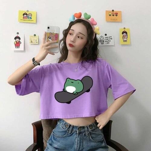 Pack Of 7 Pcs y2k T-Shirt Women Summer Short Sleeve Kawaii Skateboard Frog Cartoon Print Tee Shirt Harajuku Crop Top