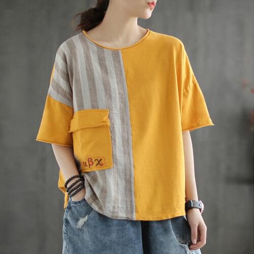 Cotton Embroidered Short-sleeved T-shirt Womens Summer New Style Retro Large Size Loose Embroidered Pocket Stitching Top