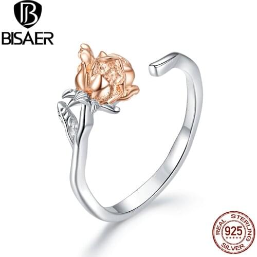 BISAER Graceful Rose Open Rings 925 Sterling Silver Vintage Flowers Finger Rings for Women Sterling Silver Jewelry EFR134