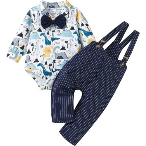 FOCUSNORM 0-24M Newborn Baby Boys Clothes Sets Dinosaur Print Long-sleeved Romper + Suspender Pants Gentleman Style 2pcs
