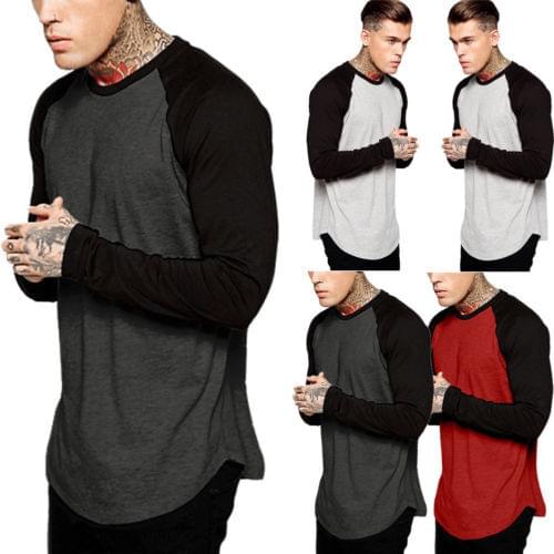 Fashion Men Slim Fit O Neck Long Sleeve Muscle Tee Casual Patchwork T-Shirt Casual Leisure Wear Long Sleeve 2021