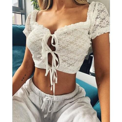 New womens fungus short-sleeved straps slim lace stitching fashion T-shirt