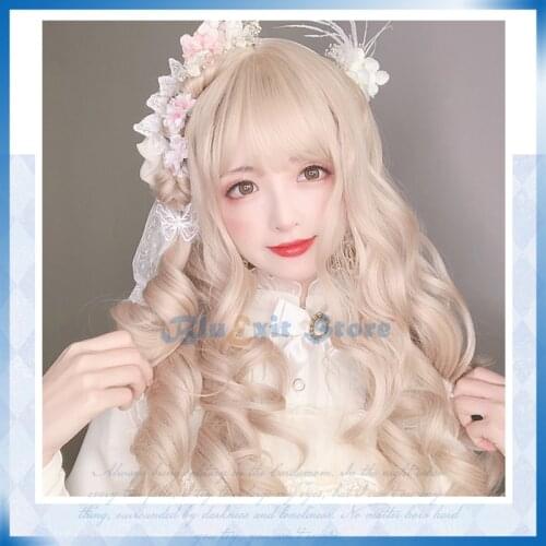 Lolita Cosplay Wig Harajuku Golden Blonde Sweet Body Wave Curly Long Synthetic Hair Bang Fringe for Adult Girls