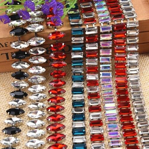 1 Yard Horse Eye Rectangle Rhinestone Chain Beautiful Crystal Diamond Flower Trims Silver Base Diy Costume Applique Sewing Dress