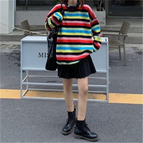 Loose Rainbow Striped Sweater Women Fall Winter Casual Loose O-neck Knit Pullovers Females BF Streetwear Oversize Jumpers 2020