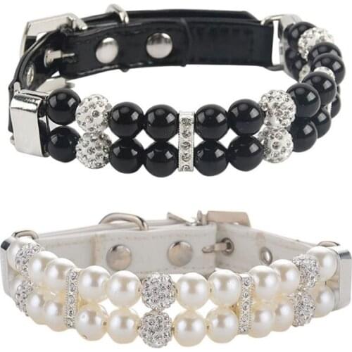 Dog Pearl Collar PU Leather Cat Dog Collar Artificial Rhinestone Pearl Pet Collars For Small Dogs Necklace Wedding Birthday Gift