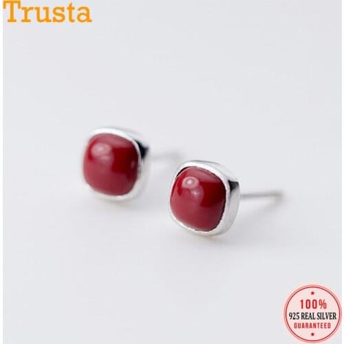 Trustdavis Genuine 925 Sterling Silver Sweet Square Red Turquoise Stud Earrings For Fashion Women Wedding Party Jewelry DA1252