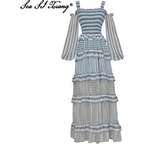 Seasixiang Fashion Designer Summer Maxi Dress Women Lantern Sleeve Ruffles Striped Print Vacation Long Dresses