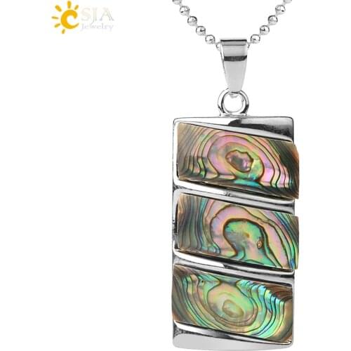 CSJA Natural Colorful Abalone Shell Pendant Necklace Rectangle Geometric Pendants for Women Men Summer Beach Trendy Jewelry G410