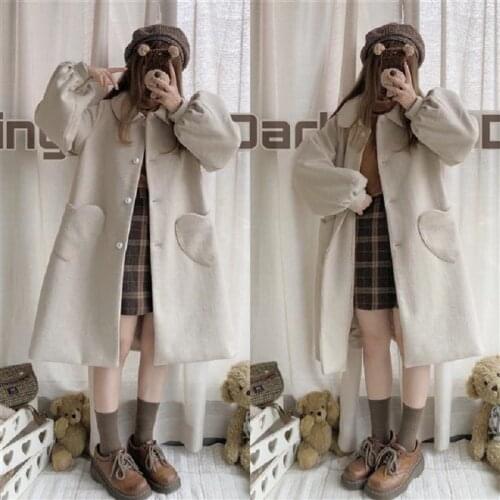 Winter kawaii woolen Overcoat female Japanese preppy style solid color mid-length jacket Harajuku Jk sweet oversize outerwear