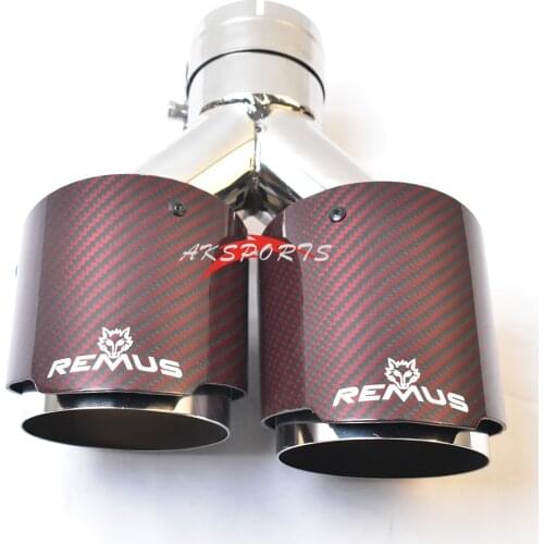 1PC Double Stainless Steel Left Side Glossy Red Twill Carbon Fiber Straight Exhaust Pipe Dual Muffler Tip