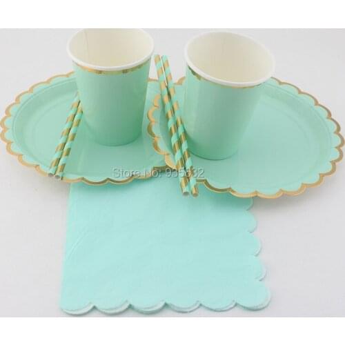 154pcs/lot Party Decoration Metallic Foil Gold Mint Blue Party Tableware Set Paper Plates Paper Cups Paper Napkins Paper Straws